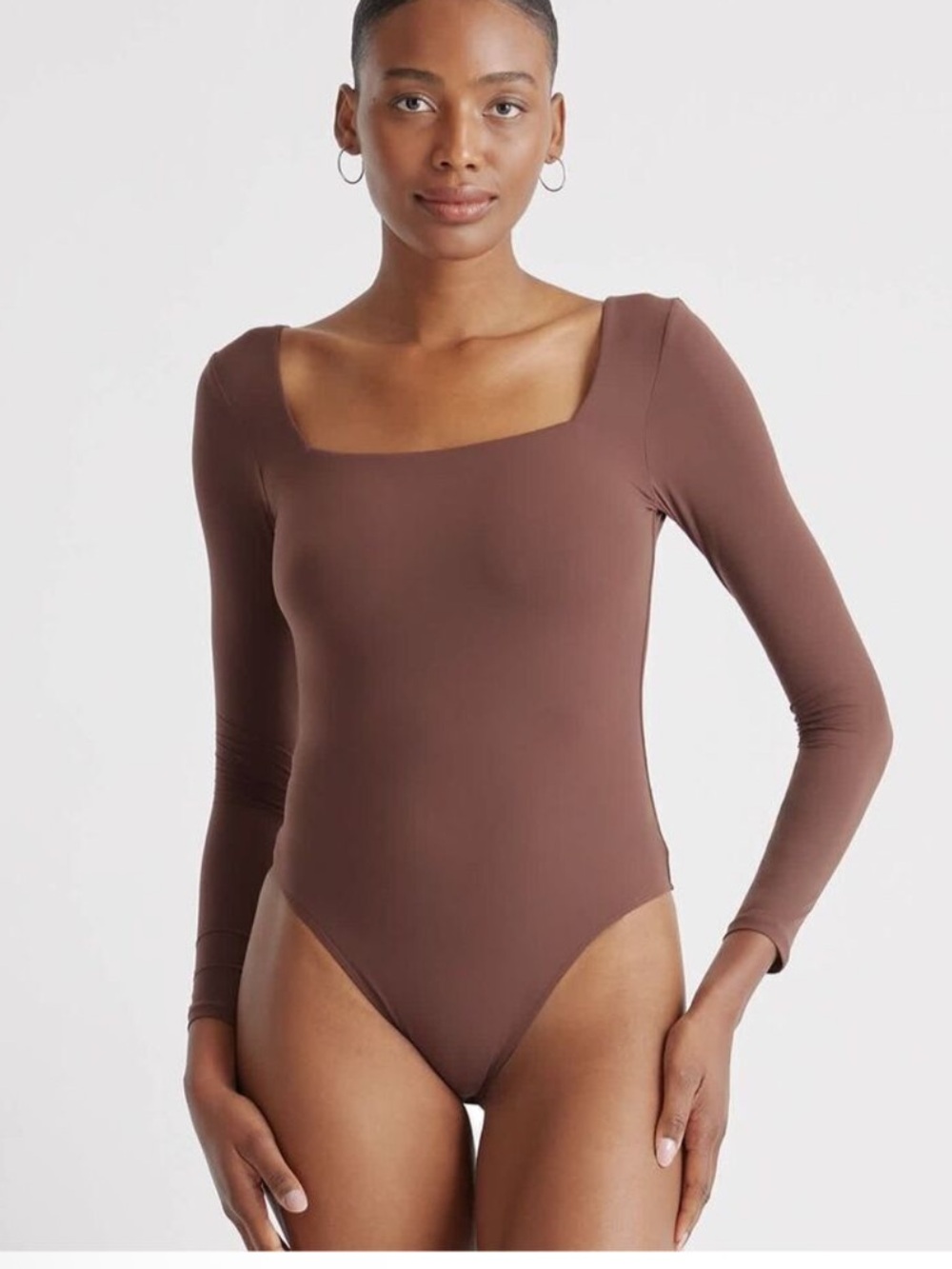 Quince Square Neck Bodysuit Brown Long Sleeve Brown NEW